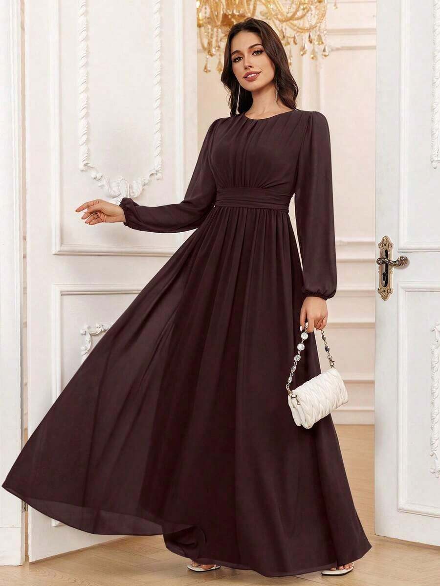 Vestido de dama de honor formal de gasa de manga larga hasta el suelo con corte evasé, color borgoña elegante, vestido de invitada de boda, mangas sin forro, primavera - Cafetería - Ver 1