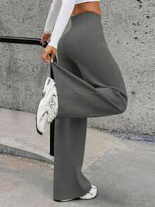 Pantalones deportivos de cintura alta minimalistas para mujer, con piernas anchas, para fitness y running.Leggings casuales cómodos, con gran elasticidad y acampanados, ideales para yoga y uso diario. - Gris - Ver 6