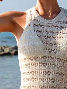 Cubierta para mujer sin mangas con cuello redondo de unicolor y espalda de malla sin respaldo - Beis - Ver 4