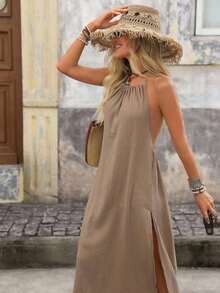 Vestido largo de verano para mujer con cuello halter, espalda descubierta y abertura alta en el bajo, ideal para vacaciones, playa y estilo de resort, vestido de verano amarillo con espalda descubierta - Camel - Ver 7
