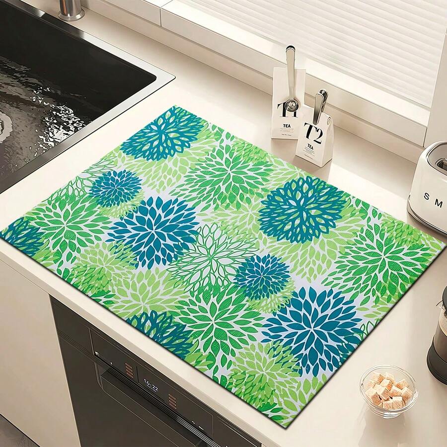1pc Fresh Blue & Green Chrysanthemum Pattern Absorbent Dish Drying Mat, Espresso Machine Countertop Absorbent Mat, Sink Drain Mat, Soft Faucet Absorbent Mat, Sink Cup Mat, Home & Kitchen, Bathroom Accessories - Multicolor - View 1