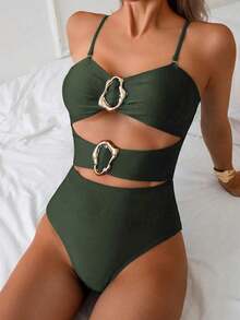 Nuevo traje de baño de una pieza elegante y sexy con diseño calado en negro, de moda para la playa, vacaciones, fiestas y citas - Verde militar - Ver 2