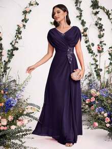 Vestido con flores 3D bordadas para novia, madre de la novia, moda de primavera y verano para fiesta, cita, vacaciones, boda, celebridad, con cintura elegante y falda amplia, para el Día de San Valentín - Morado - Ver 1