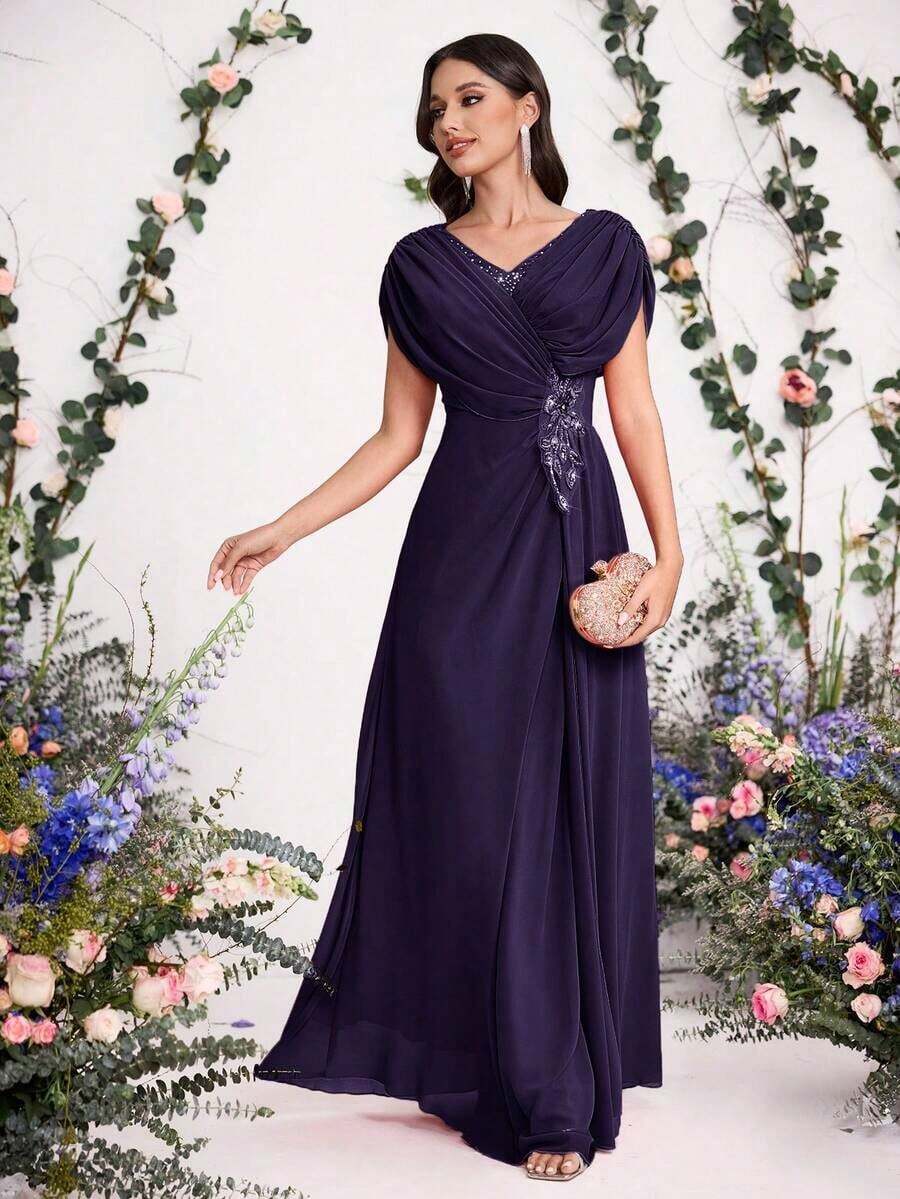 Vestido con flores 3D bordadas para novia, madre de la novia, moda de primavera y verano para fiesta, cita, vacaciones, boda, celebridad, con cintura elegante y falda amplia, para el Día de San Valentín - Morado - Ver 1
