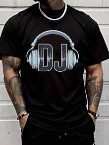 Camiseta clásica con estampado de auriculares de DJ, estilo urbano, ropa casual de moda para hombre, camiseta de manga corta con temática musical, atuendo de fiesta para hombres adultos. - Negro - Ver 1