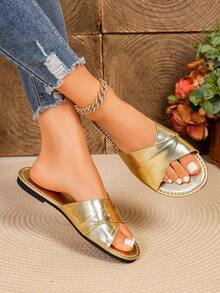 Women's Round Toe Flat Slides Slip-On Fashion Summer New Gold Beach Shoes Elegant Casual Versatile Women's Flat Sandals - Gold - View 1