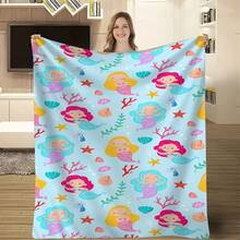 1pc Of Cozy Flannel Throw Featuring Little Mermaids On A Blue Backdrop, Incredibly Soft And Warm, Ideal For Camping, Sofa, Bed, And Office Use - A Versatile Blanket For All Seasons, Stylish Decoration, And A Perfect Gift - Chăn ga trải giường. - Xem 2