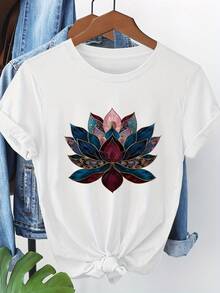 Short-Sleeved T-Shirt With Lotus Print 8149 - 白色的 - 查看 1