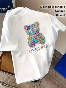 Women's "Super Bear" T-Shirt - Casual White Round Neck Short Sleeve Blouse With Colorful Bear And Flower Design, Machine Washable, Spring/Summer Fashion, Soft Texture T-Shirt - [白色的] - 查看 1