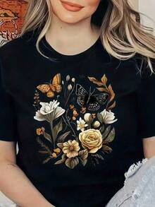 100% Algodón Premium 180g .¡Oferta Especial!Playera.Camiseta elegante mujer estampado floral mariposas diseño artístico versátil para cualquier ocasión primavera verano talla S/M/L color negro moda femenina juvenil .Camiseta Streetwear Unisex Ideal para Conciertos y Regalo - Negro - Ver 6