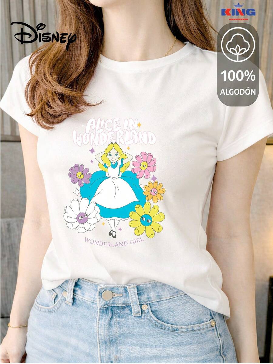 Women's T-Shirt Made Of 100% High-Quality Cotton. This T-Shirt Guarantees Exceptional Softness To The Touch, With A Round Neck, "Disney Alice In Wonderland Girl" Print, And Short Sleeves. - 白色 - 查看 1