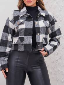 Women's Plaid Flannel Jacket With A Casual Pocket Detail/S/M/L/YF176 - Light Grey - View 6