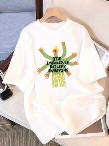 Women's Custom Pure Cotton Short-Sleeved T-Shirt, Exclusive Design, Printed, Minimalist Casual Style, New Summer Style, Loose Fit, Fitted Top For Students, Unisex Urban Vintage Style Cotton Loose Fit Round Neck Short-Sleeved T-Shirt For Women. - 白色 - 查看 1