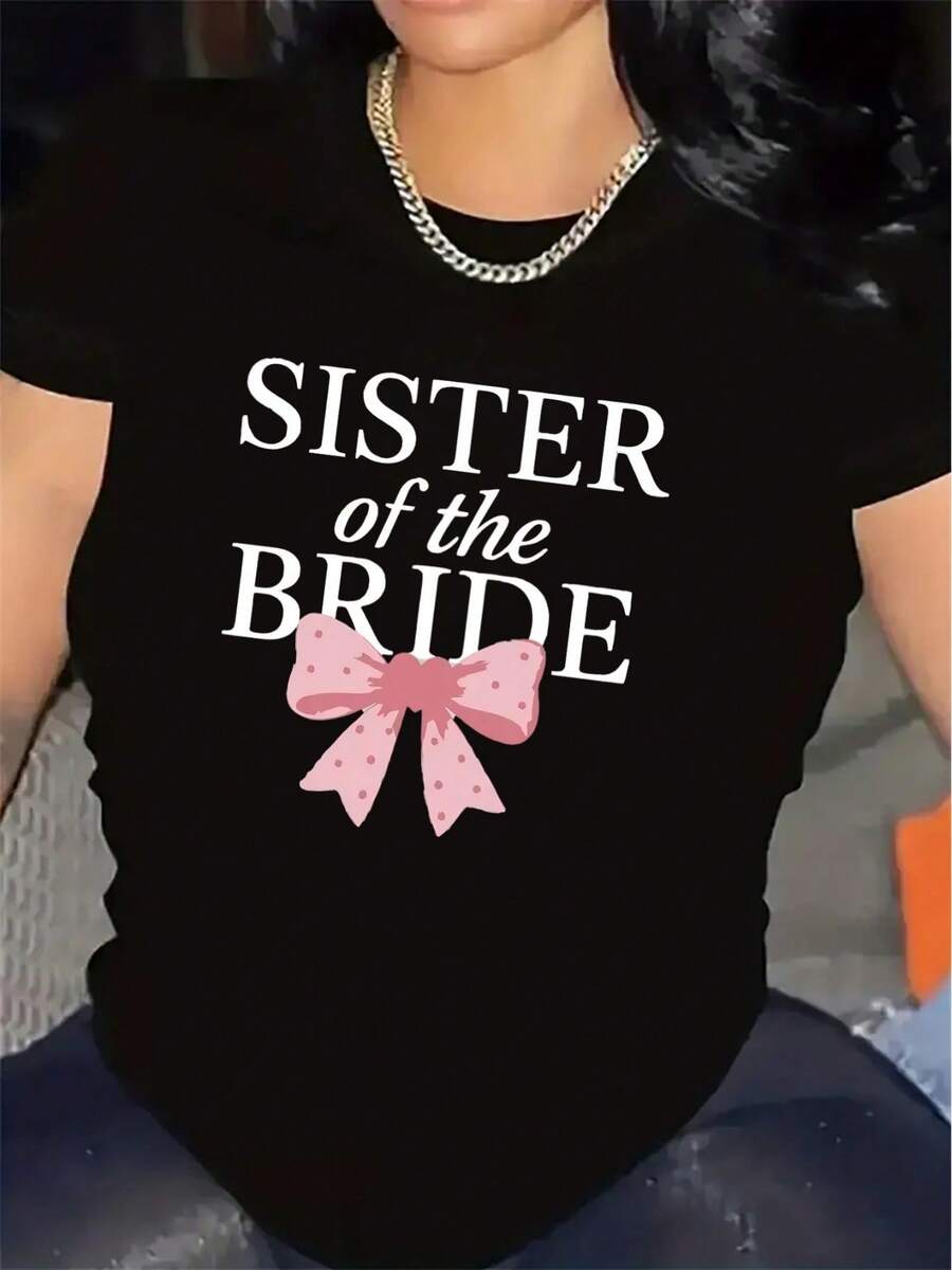 One Short-Sleeved Polyester T-Shirt, Suitable For Brides And Bridesmaids, With A Pink Bow Design, Ideal For Weddings, Parties, And Bridal Events. Lightweight And Durable, Comfortable Fit For Women, 180g, 100% Cotton. - 黑色 - 查看 1