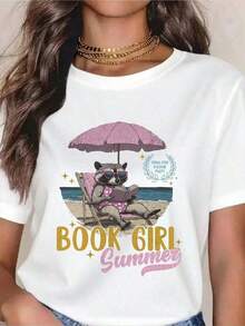 100% Cotton. Women's Summer T-Shirt Featuring A Girl Reading A Book Under An Umbrella With A Cute Cat. Fun Beach-Themed Graphic Tee, Perfect For Summer Vacations, Book Lovers, And Relaxing Days. 100% Cotton. Simple Solid Color, Loose-Fitting, Short-Sleeved Casual T-Shirt. - 黑色 - 查看 7
