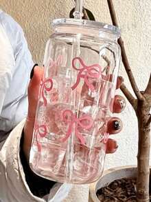 Large Capacity Plastic Cup With Lid & Straw, Bow Decor - Plastic Lid Bow Straw Cup - View 4