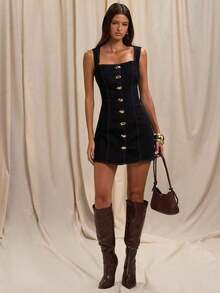 Vestido vaquero mini con botones al frente y sin mangas, casual de verano, diseño de botones al frente, estilo elegante y delgado, personalizado, estilo antiguo, ropa casual de negocios para mujer, ropa de otoño, regreso a clases, vestido de oficina, atuendos para salir, atuendos de maestra para mujer - Azul lavado oscuro 2 - Ver 1