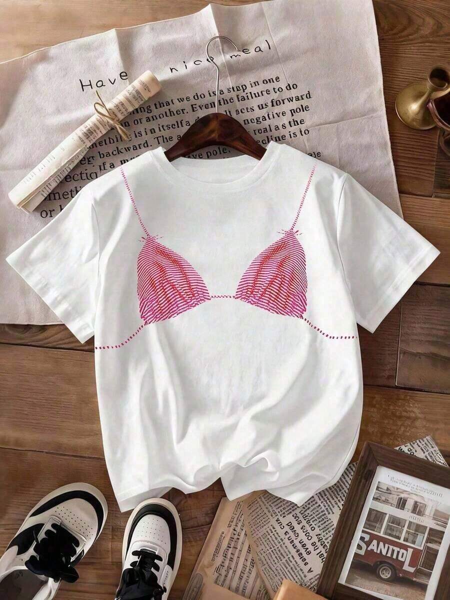 Women's Short-Sleeve T-Shirt With White And Pink Bikini Graphic Print, Casual Round Neck T-Shirt For Summer - 白色 - 查看 1