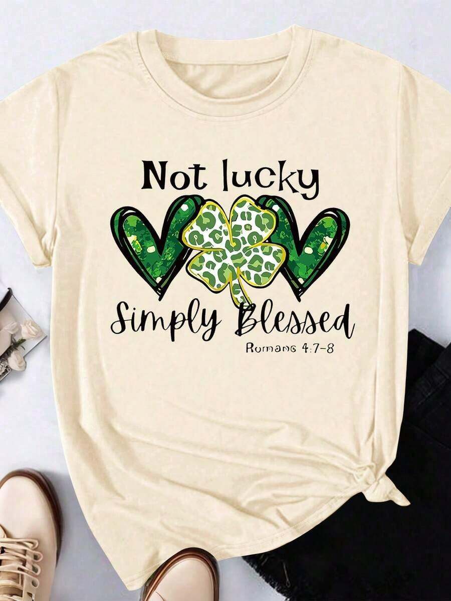 Soft Plus Size Graphic Print Round Neck Short Sleeve T-Shirt, Casual Blouse For Women, Cotton T-Shirts For Women - 杏色 - 查看 1