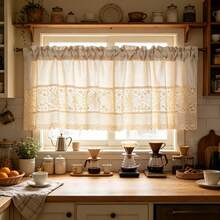 1PC Short Curtain With Japanese-Style Linen Patchwork Crochet Design,Small Window Curtains For Kitchen,Apartment Kitchen Drapes,Kitchen Window Valancem,Cafe Style Half Curtains-Rod Pocket Process - Beige - View 1