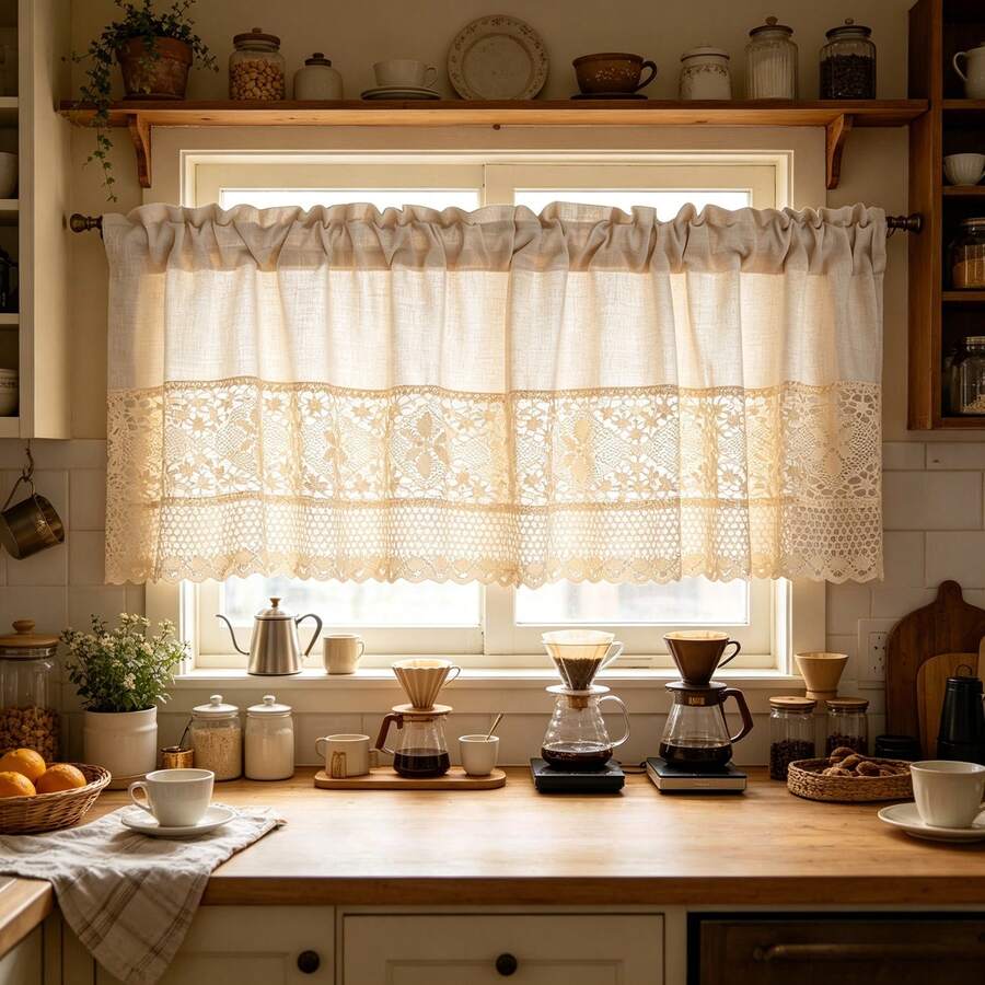 1PC Short Curtain With Japanese-Style Linen Patchwork Crochet Design,Small Window Curtains For Kitchen,Apartment Kitchen Drapes,Kitchen Window Valancem,Cafe Style Half Curtains-Rod Pocket Process - Beige - View 1