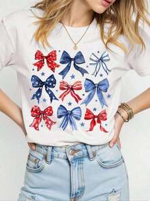Women's Short-Sleeve T-Shirt Set, Comfortable Color, Colorful Bow Decoration, Ideal For Independence Day, Pure Cotton Short Sleeves. 100% Cotton - 白色的 - 查看 5