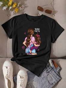 Camiseta Casual Negra para Mujer con Estampado Gráfico 'Super Mamá', Cuello Redondo, Manga Corta, Top de Poliéster, Regalo Perfecto para el Día de la Madre - Negro - Ver 2