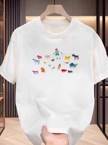 Men's Short-Sleeved T-Shirt With A Colorful Illustration Of A Girl Walking Her Dog, Perfect For Summer Commutes And Versatile Wear. Comfortable And Relaxed Casual T-Shirt That Feels Great Against The Skin. - 白色 - 查看 7