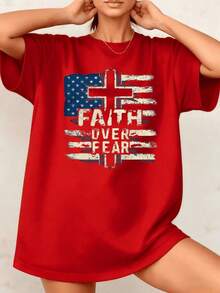 Women's T-Shirt With "Faith Over Fear" Graphic Print, American Christian Flag, 100% Cotton, Crew Neck, Casual And Relaxed Fit, 1 Piece. Excellent Gifts For Friends And Family. Basic Style. - 紅色 - 查看 7