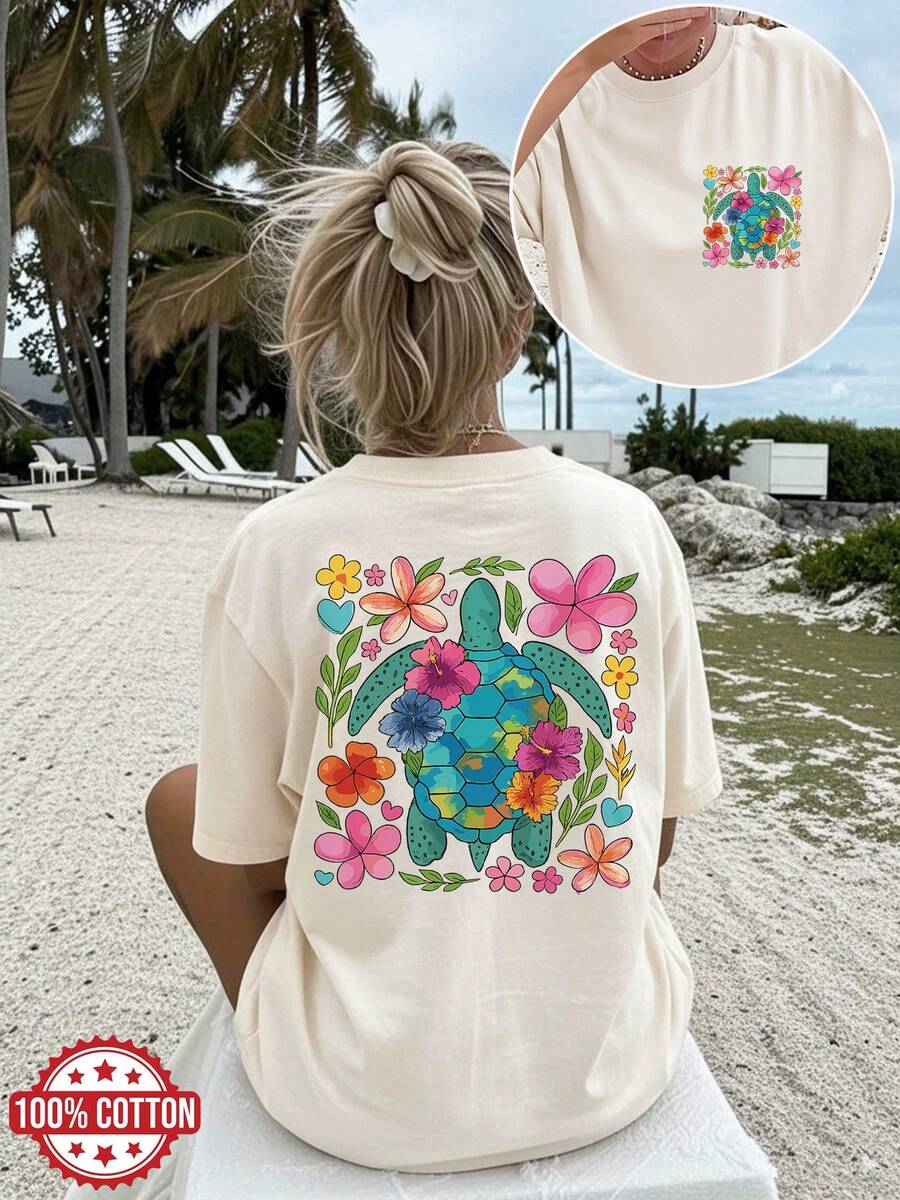 [Double-Sided Print] Women's Summer Clothes, Vintage Style Loose Fit T-Shirt With Floral Turtle Print, Short Sleeve, Round Neck, Pure Cotton, Plus Size, Drop Shoulder - 杏色 - 查看 1