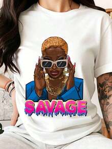 Women's T-Shirt With Graffiti Style Graphic Print, S-Avage Design, Summer Clothing, Gift For Her, Fashionable Summer Cotton T-Shirt - 白色 - 查看 1
