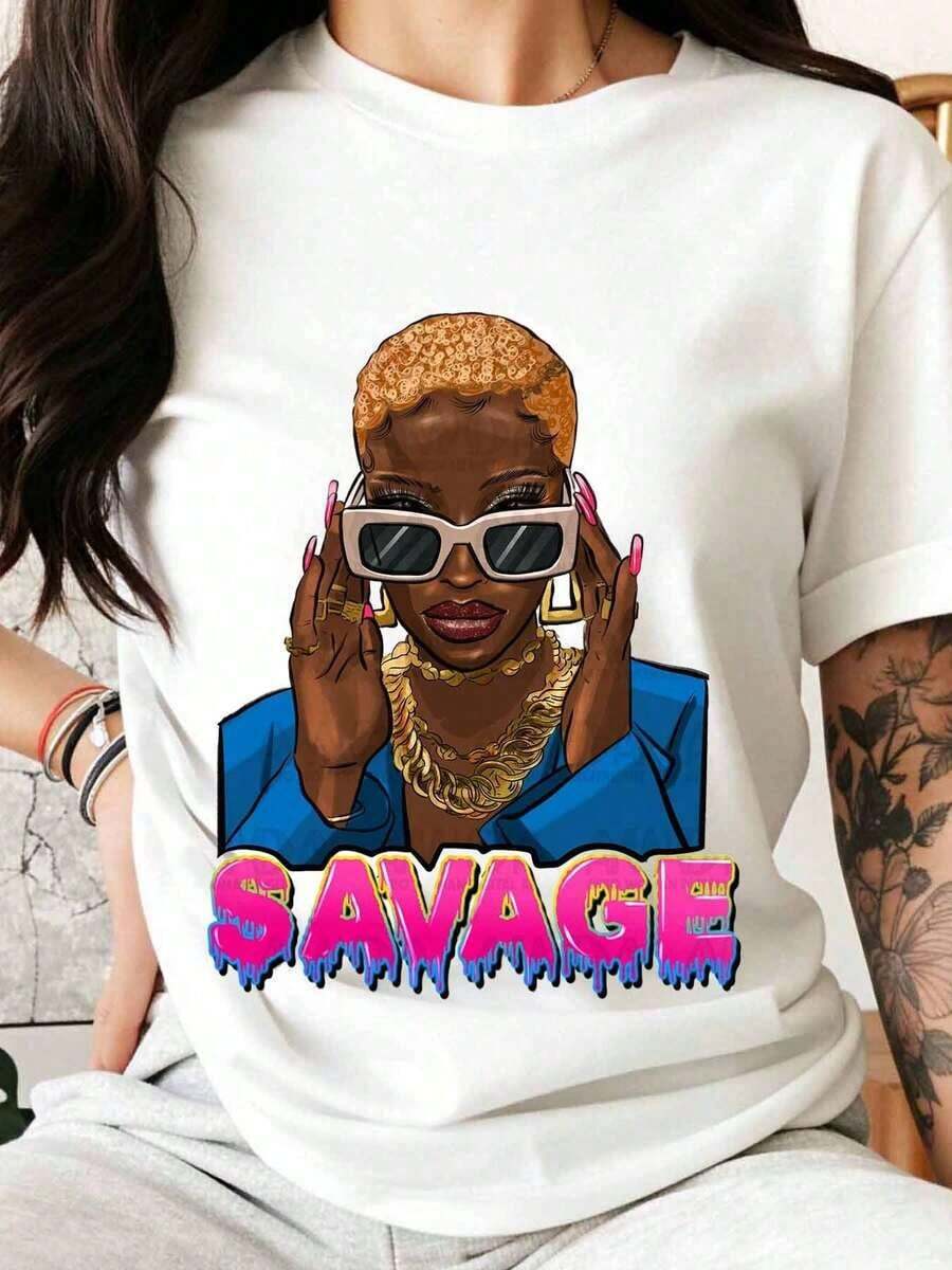 Women's T-Shirt With Graffiti Style Graphic Print, S-Avage Design, Summer Clothing, Gift For Her, Fashionable Summer Cotton T-Shirt - 白色 - 查看 1