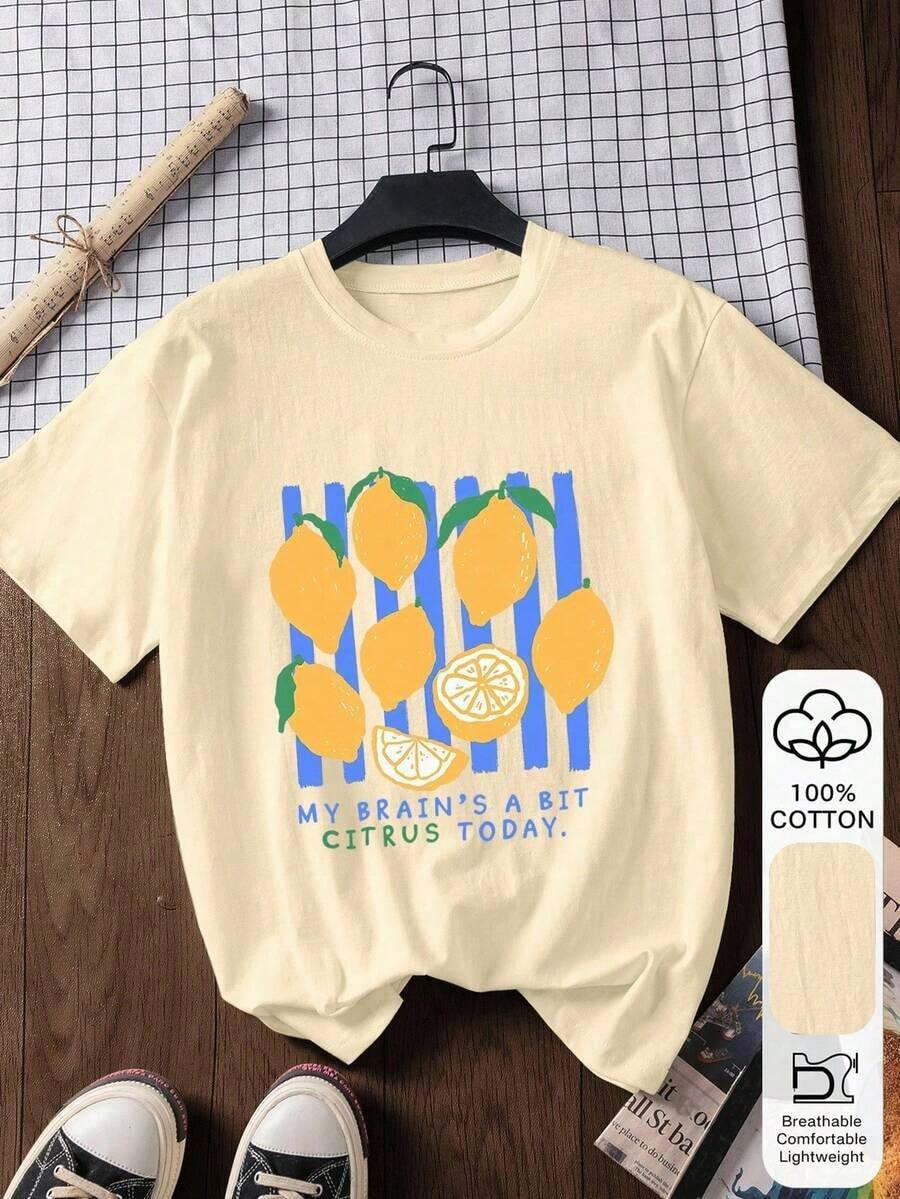 Mexican Basic Blusa casual de mujer de algodón 100% con estampado de rayas de limón, camiseta gráfica, tela suave, ropa de algodón, ropa para exteriores, estampado impreso, camiseta de verano, blusa de mujer, top de verano, atuendo de vacaciones, estilo de viaje, vibra de playa, ropa de resort minimalista New Launch - Albaricoque - Ver 1