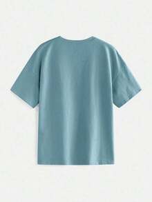 Camiseta de mujer  con cuello redondo y hombros caídos, minimalista y adecuada para el verano. - Azul grisáceo - Ver 2