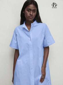 Vestido de algodón holgado con cuello mao, botones delanteros y color bliso liso para mujer. Estilo minimalista básico para uso diario, ir al trabajo, casual de negocios y oficina. - Azul - Ver 9