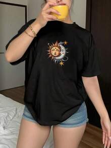 Camiseta de manga corta con estampado de sol y luna con estrellas para mujer estilo casual verano - Negro - Ver 1