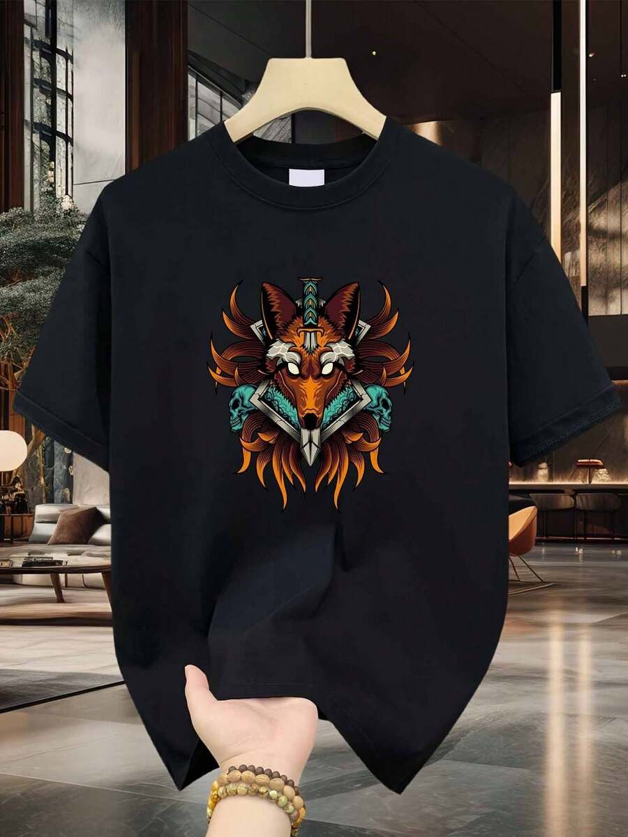 Men's Pure Cotton T-Shirt "Wolf Warrior", Wolf Head Print Design, Skull And Sword, High Quality Cotton Material, Premium Printing, Durable, Casual And Elegant. - 黑色 - 查看 1