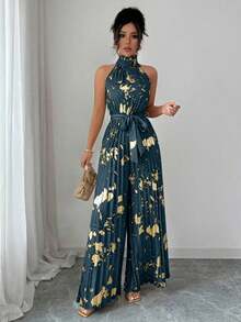Mono de pierna ancha elegante y romántico con cuello de volantes sin mangas para mujer, ideal para Halloween - Niebla azul - Ver 1
