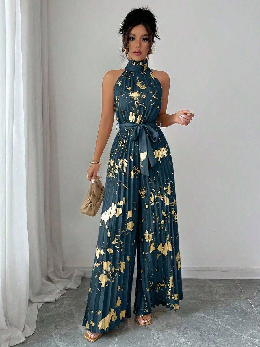Mono de pierna ancha elegante y romántico con cuello de volantes sin mangas para mujer, ideal para Halloween - Niebla azul - Ver 1