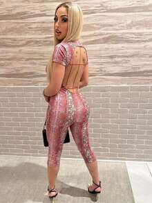 Snake Skin Print Round Neck Backless Elastic Bodycon Jumpsuit, Spring/Summer Pink - Pink - View 2