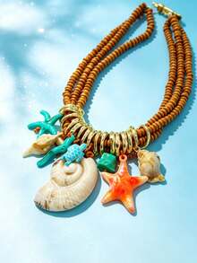 Dây chuyền nữ phong cách Boho lấy cảm hứng từ đại dương, vòng cổ nhiều lớp bằng gỗ đính hạt với mặt dây chuyền hình vỏ sò, sao biển và rùa, trang sức mùa hè đi biển. - Nhiều màu - Xem 5