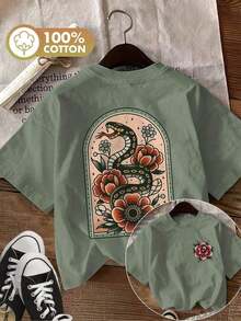 Women's Short-Sleeved T-Shirt, 100% Cotton, Double-Sided Print, Round Neck, Casual Style, Graphic Design Of Snake And Peony In Traditional American Tattoo Style, Summer Top. - 白色 - 查看 11