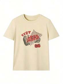 Strawberry Print T-Shirt With "EERT" Text,  Short-Sleeve T-Shirt For Spring/Summer 2026, Made In Mexico, 180 Grams. Cartoon Print, Couple Design, Suitable For Indoor Or Outdoor Wear. Crew Neck, Unisex, Ideal For Office And Leisure. One-Pack. - APR-P631577SLNDXZGY636 - 查看 2