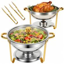 Chafing Dish Buffet Set, 5QT Round Buffet Warmer Set With Glass Dome,316 Stainless Steel Mirror-Polished Round Chafing Dishes For Buffet,Small Chafing Dishes For Buffet  For Home Parties, Valentine's Day Gatherings, Catering Events - 圓形-玻璃蓋帶梅花夾-2 - 查看 1