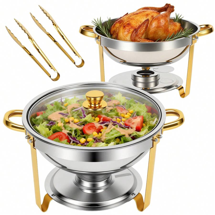 Chafing Dish Buffet Set, 5QT Round Buffet Warmer Set With Glass Dome,316 Stainless Steel Mirror-Polished Round Chafing Dishes For Buffet,Small Chafing Dishes For Buffet  For Home Parties, Valentine's Day Gatherings, Catering Events - 圓形-玻璃蓋帶梅花夾-2 - 查看 1