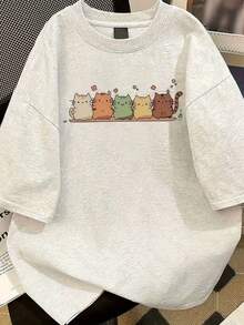 Women's Short Sleeve T-Shirt With Cartoon Cat And Star Print - Loose Fit, Round Neck, Casual Top For Casual Outfits, Machine Washable, Comfortable For All Seasons, Ladies' T-Shirts. - 淺灰色 - 查看 6
