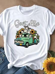 Camiseta Casual de Verano para MujerInformalSueltoAjusteNegroBlancoOpcionesCabraVidaImprimirConVintageCamiónYGirasolesGráficoTeeVeranoTopsMujeresLindoDiarioRopaCamisasVeranoTopsGráficoCamisetasVeranoConjuntos de ropaMujeresGráficoCamisetasMujeresCultivoTopsTopsMujeresVintageAlgodónLindoRopaMujeres - Negro - Ver 8