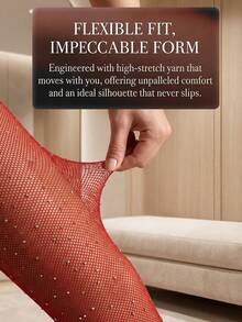 Women's Red Rhinestone Fishnet Tights, High Elasticity Non-Binding, Shiny Party Diva Style Mesh Stockings - Red - View 4
