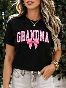 White T Shirt With Pink Grandma Text And Bow Print For Casual Wearblusas para mujer>ropa  blusa casual mujer  women clothing casual - Negro - Ver 11