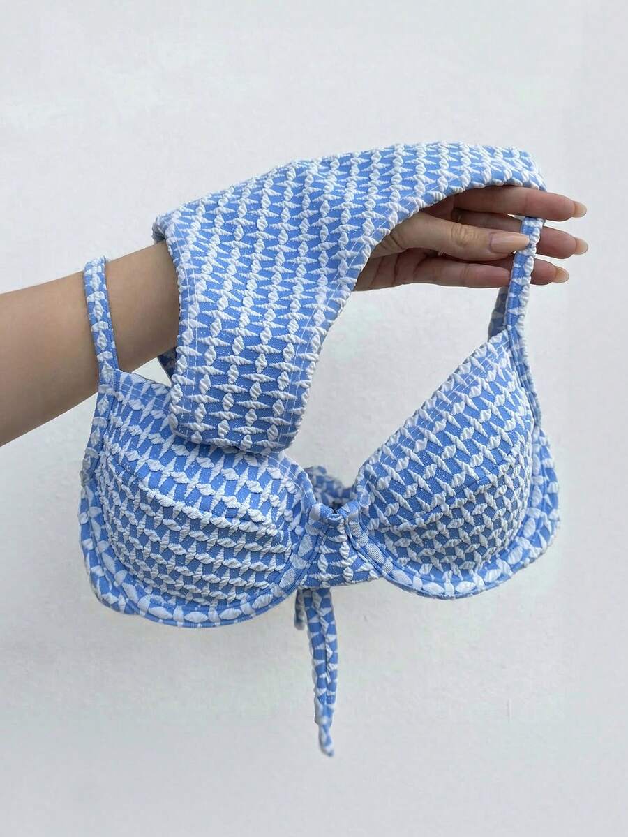 Bikinx Women's Blue And White Jacquard Textured Fabric Bikini Swimsuit, Spaghetti Strap, Backless Tie-Up, Suitable For Beach Vacation Summer - Blue and White - View 1